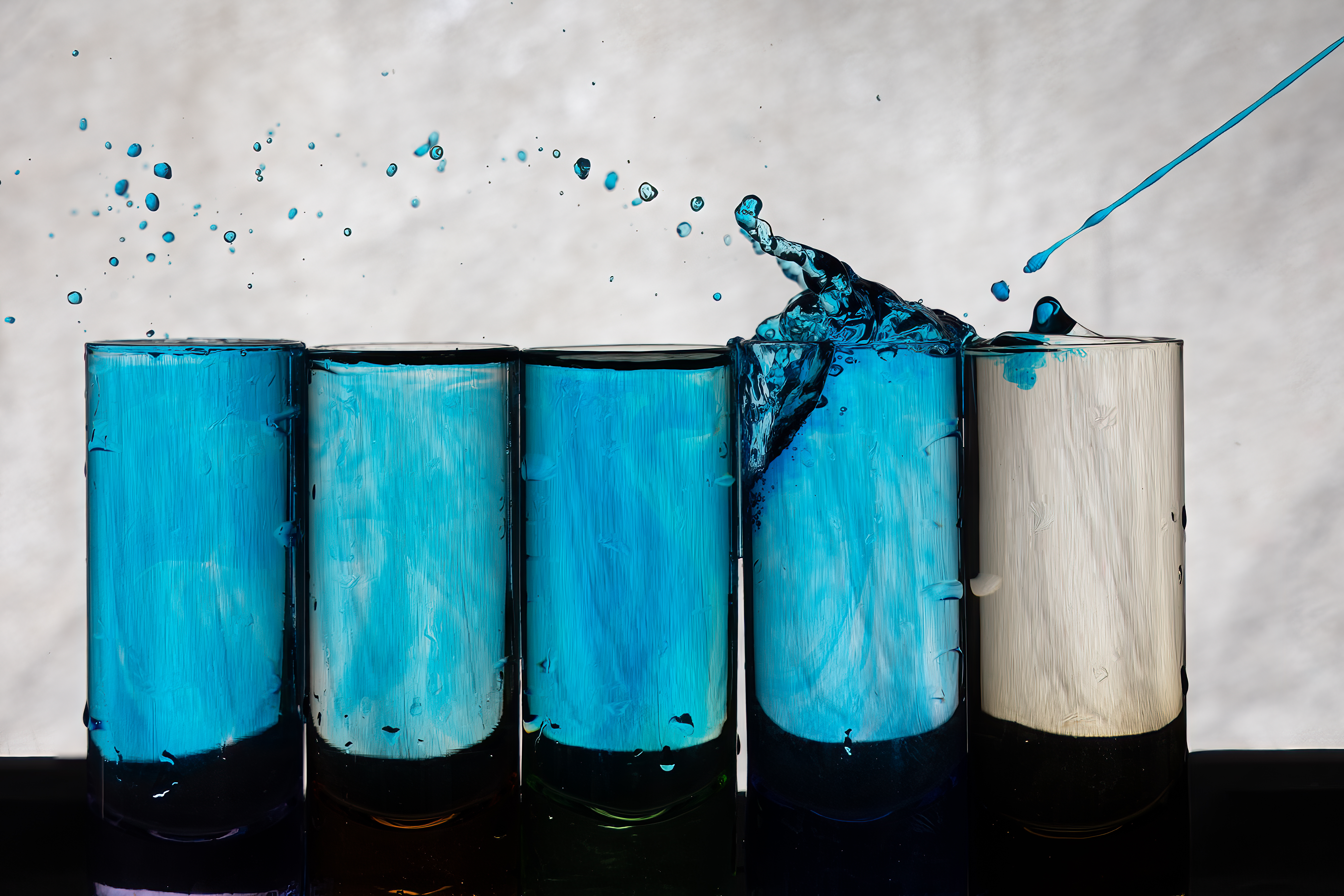 Chorus — five glasses in a row with rising splashes